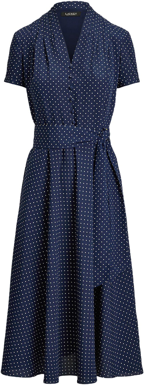 Polka-Dot Belted Crepe Dress