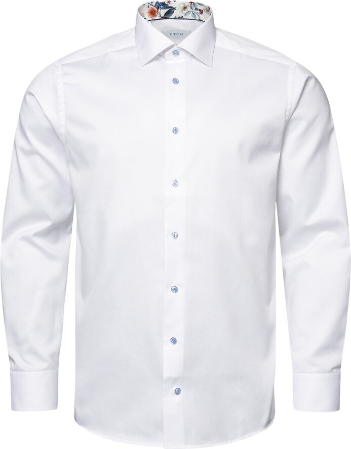 Slim Fit White Solid Floral Effect Signature Twill Shirt