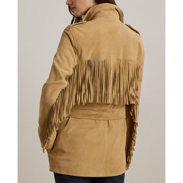 Fringe-Trim Belted Goat-Suede Jacket