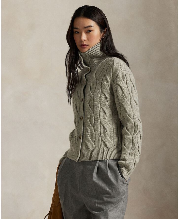 Cable Wool-Cashmere Funnelneck Cardigan