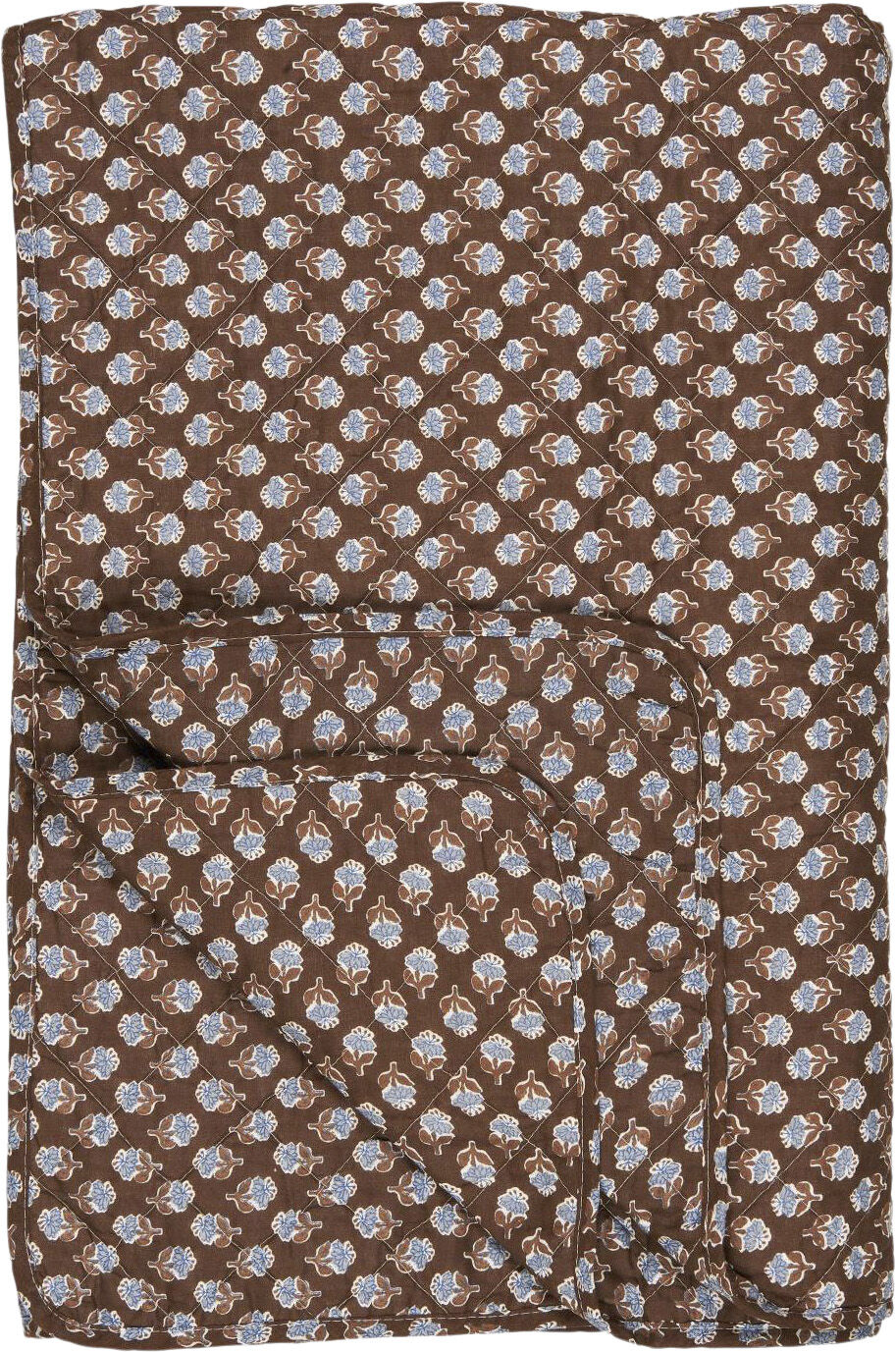 Quilt m/m&oslash;rkebrunt og bl&aring;t blomsterm&oslash;nster