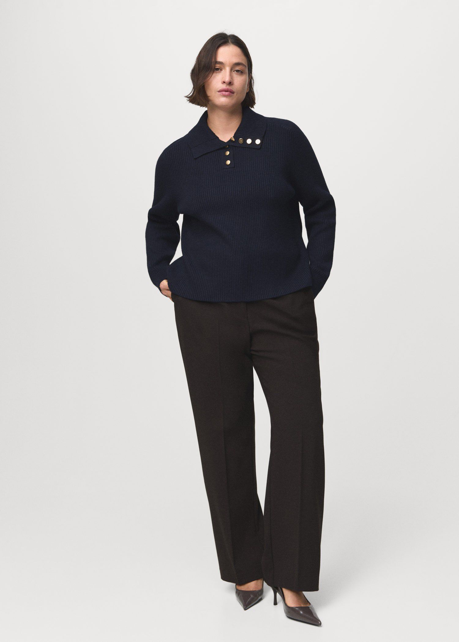 Ribbed polo-neck sweater with butto