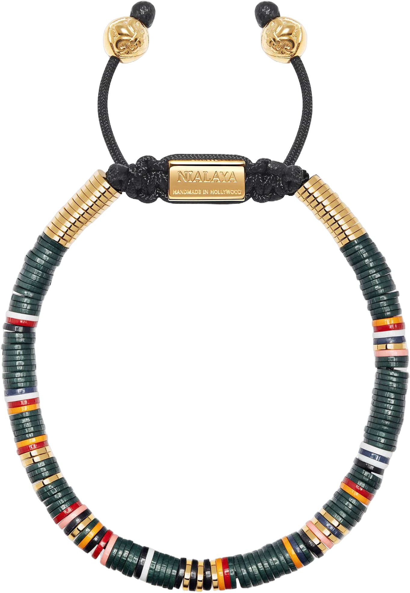 Men's Beaded Bracelet with Dark Green and Gold Disc Beads