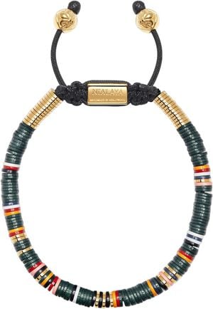 Men's Beaded Bracelet with Dark Green and Gold Disc Beads