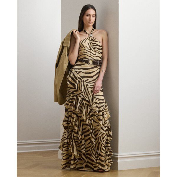 Zebra-Print Ruffle-Trim Georgette Gown