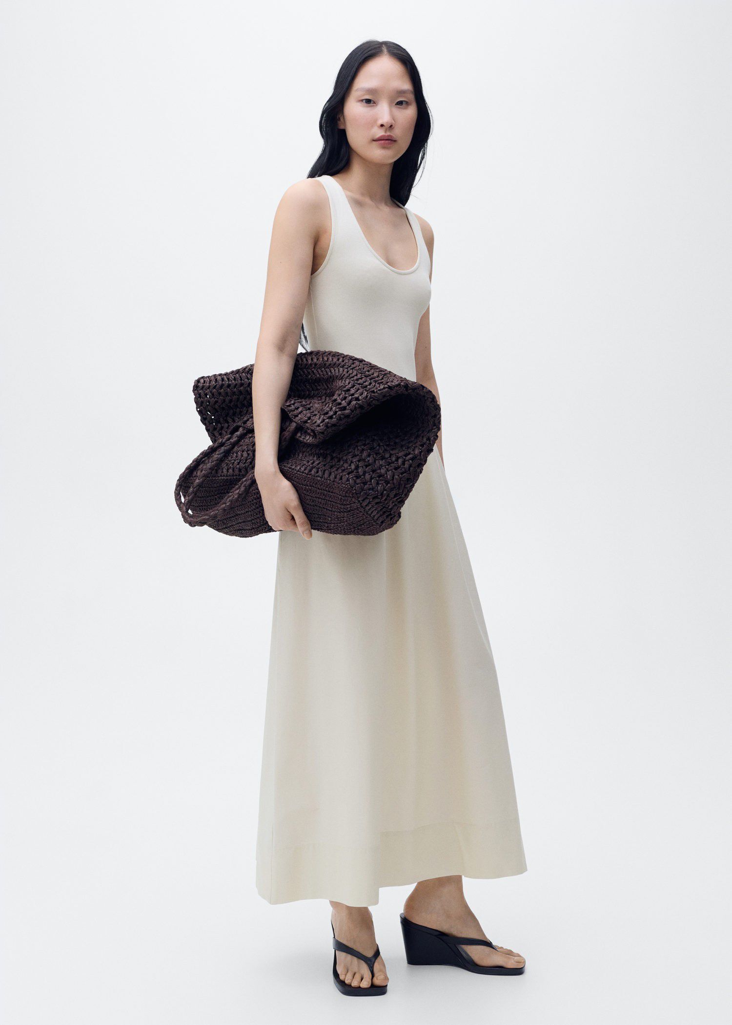 Flared dress in combined fabric