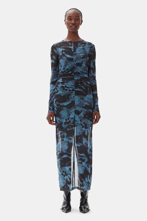 Printed Mesh O-neck Ruched Long Dre