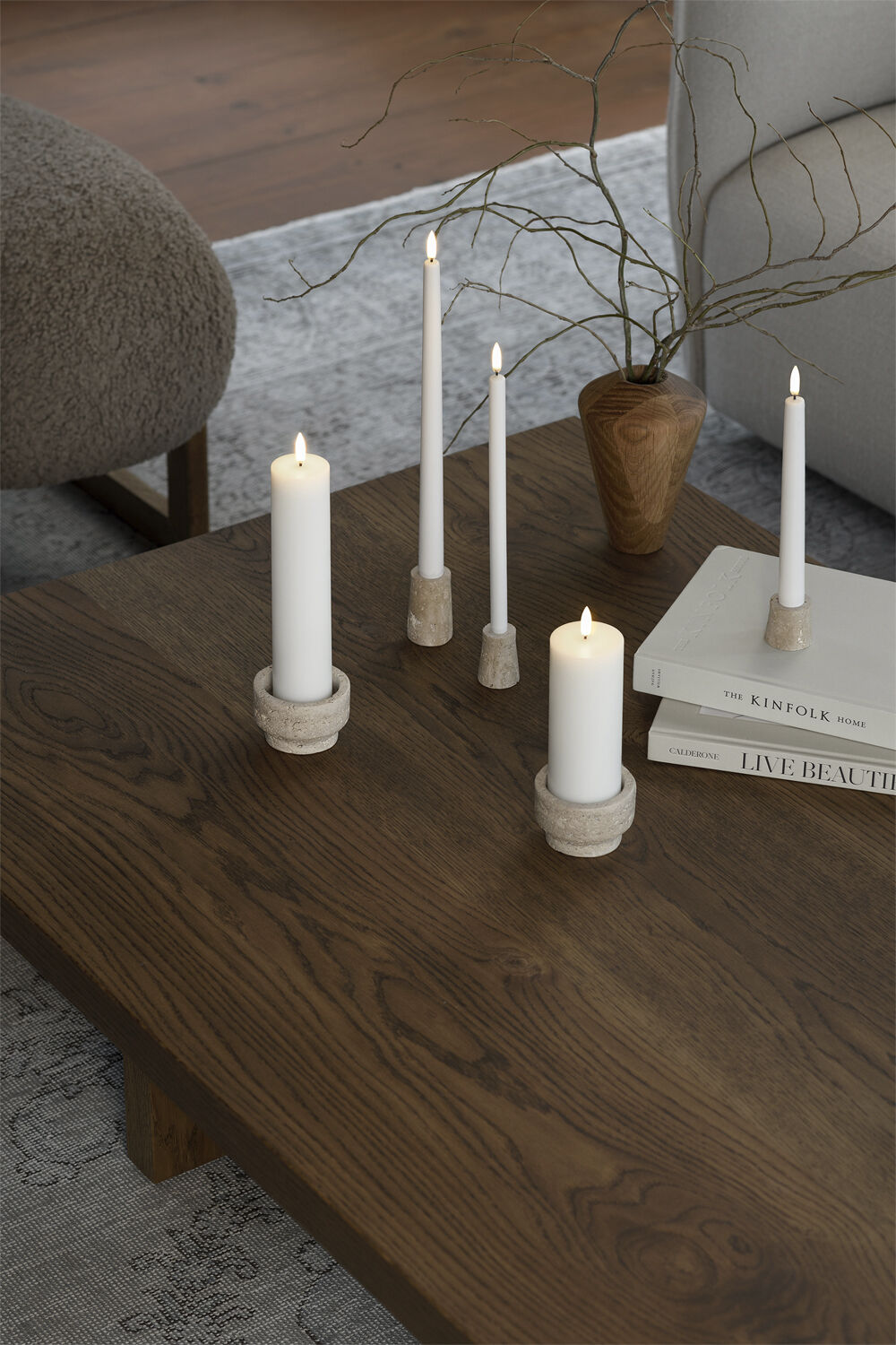 Travertine Candleholder taper, S, Desert beige, 2-pack, 3,5x