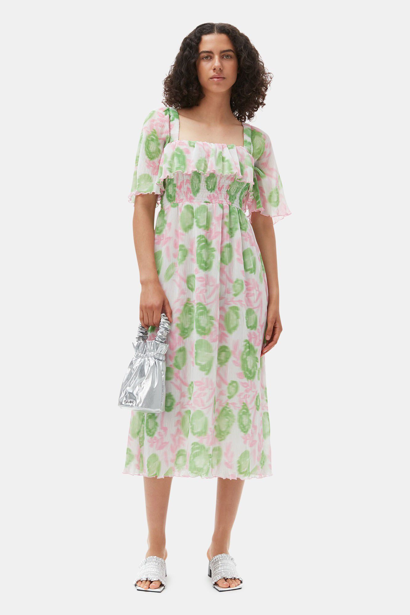 Pleated Georgette Midi Smockkjole