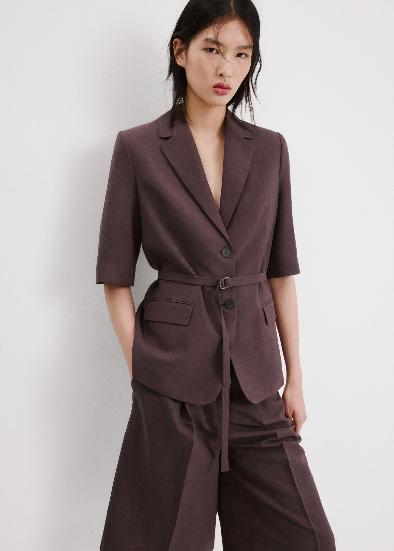 Linen suit jacket with belt