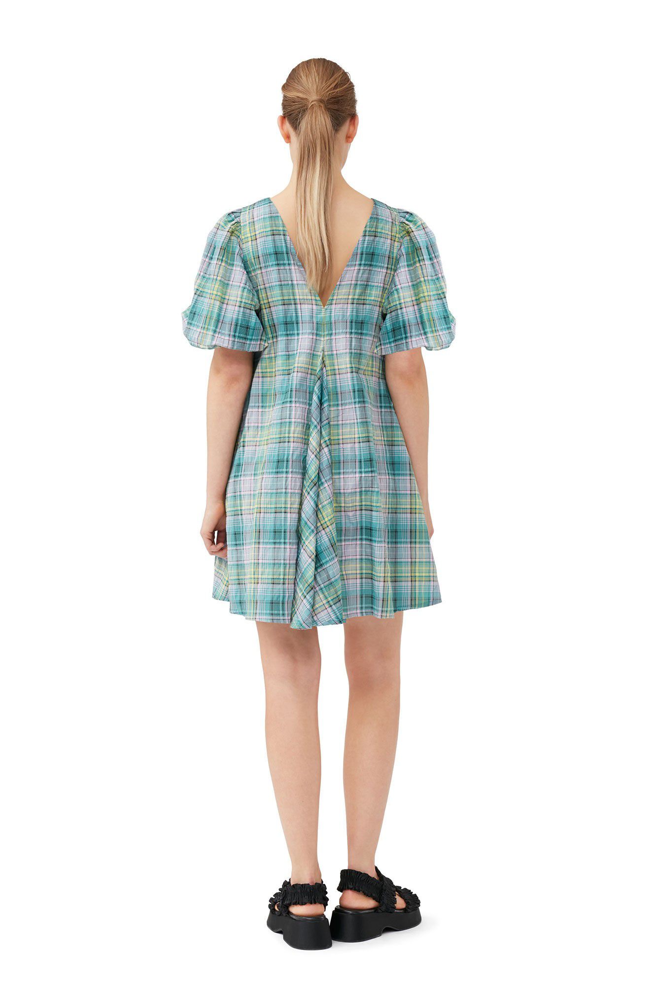 Seersucker Check V-Neck Mini Dress