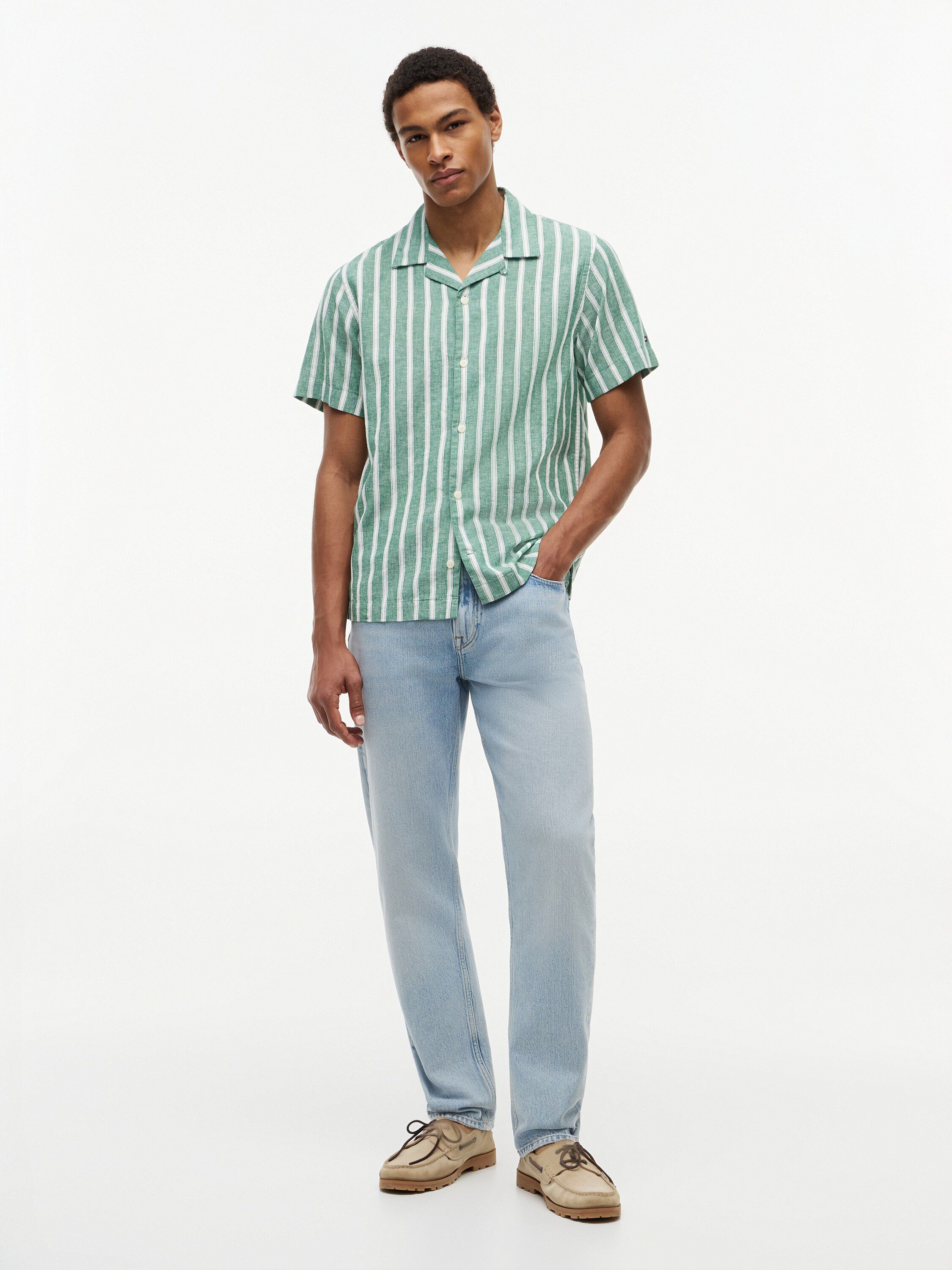 Linen Blend Textured Stripe Short Sleeve Shirt