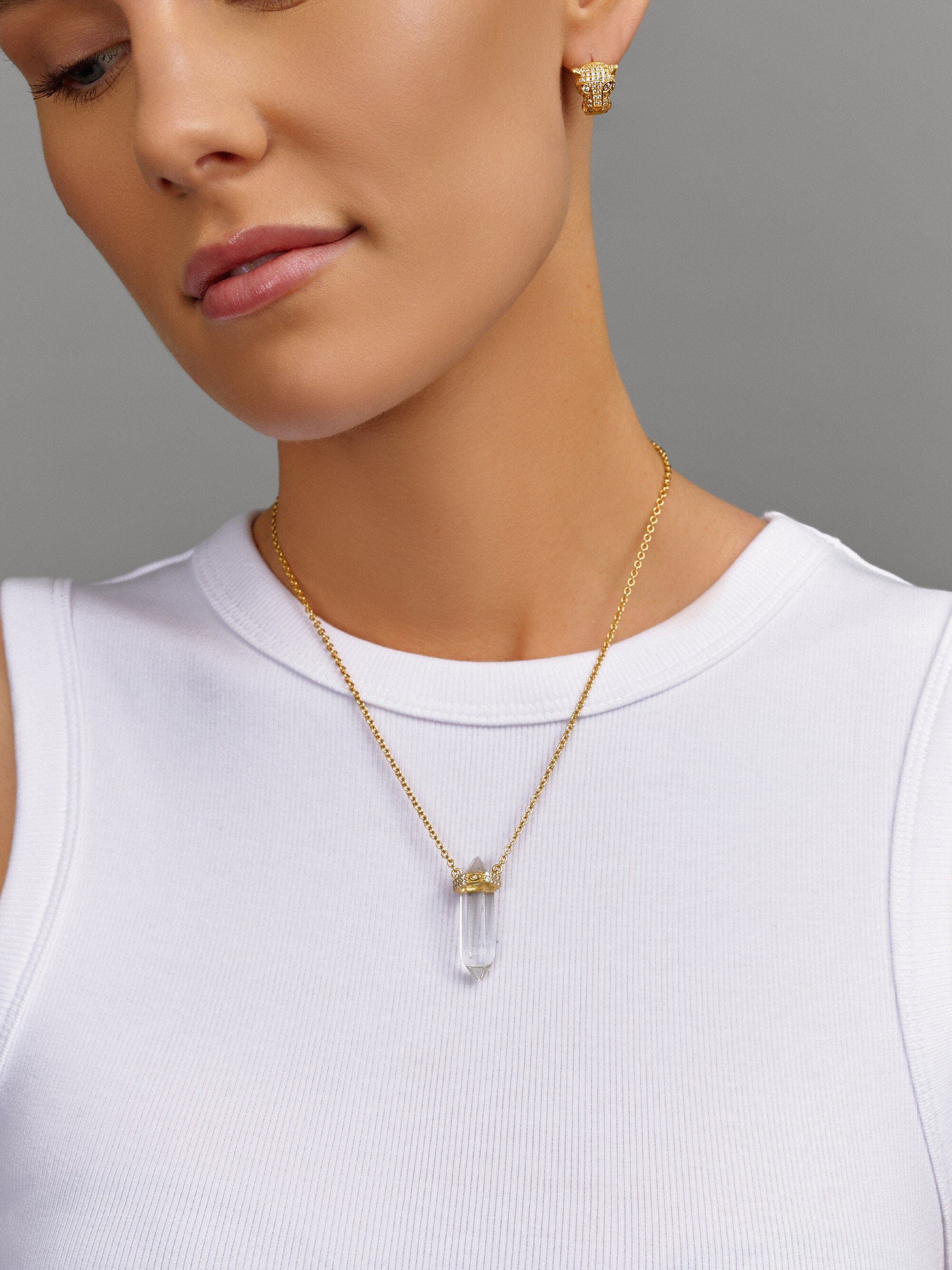 Women's Sterling Silver Clear Quartz Crystal Necklace with E