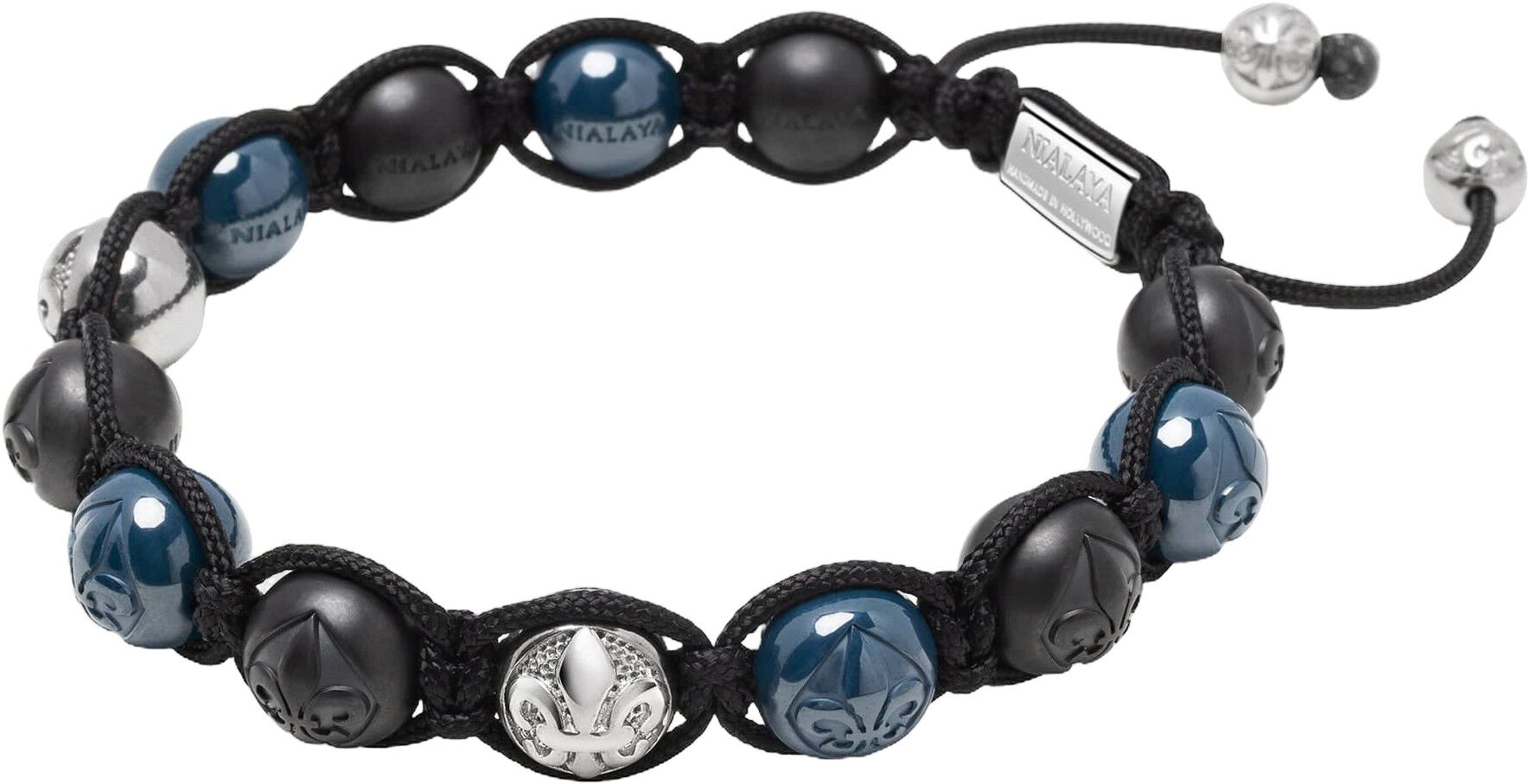Men's Beaded Bracelet with Matte Black, Blue Ceramic & Silver Balls