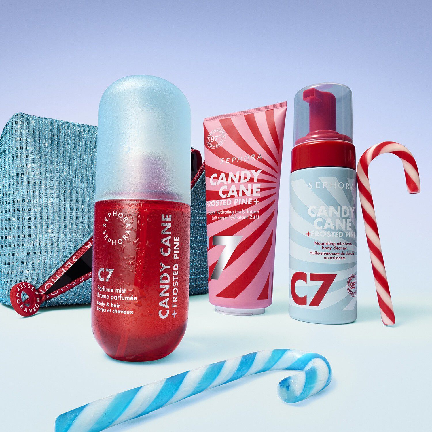 Candy Cane + Frosted Pine Bath Set - S&aelig;t med kropspleje