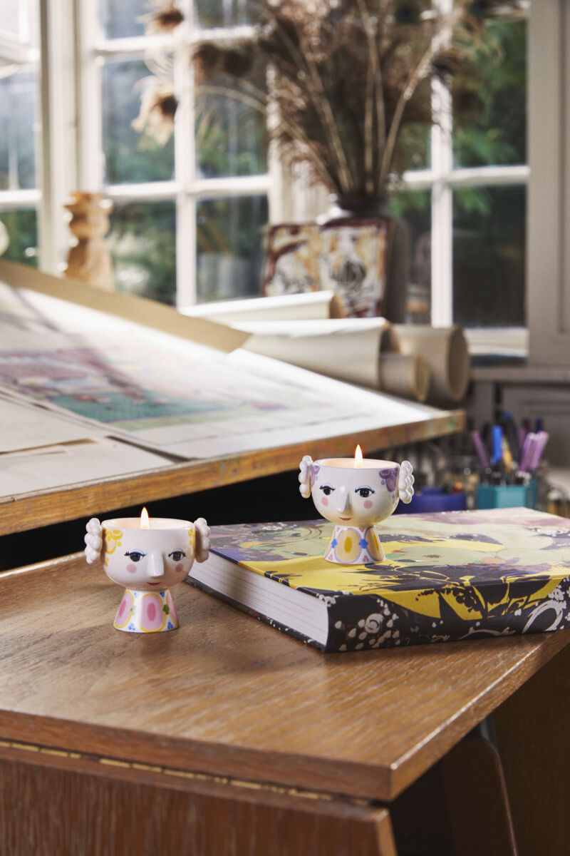 Eva Fyrfadsstage &Oslash;6. 5 cm gul/lavendel 2 stk.