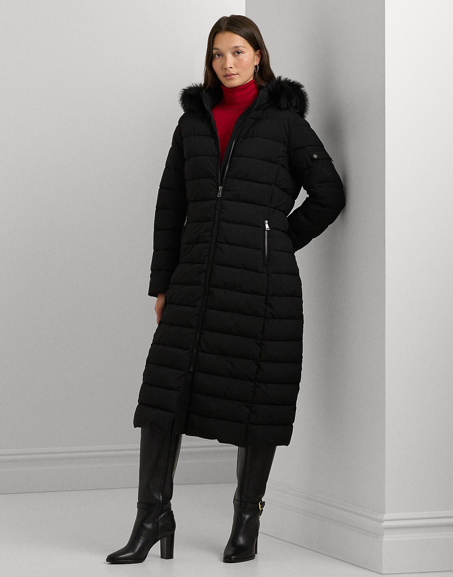 Faux-Fur-Trim Quilted Hooded Coat