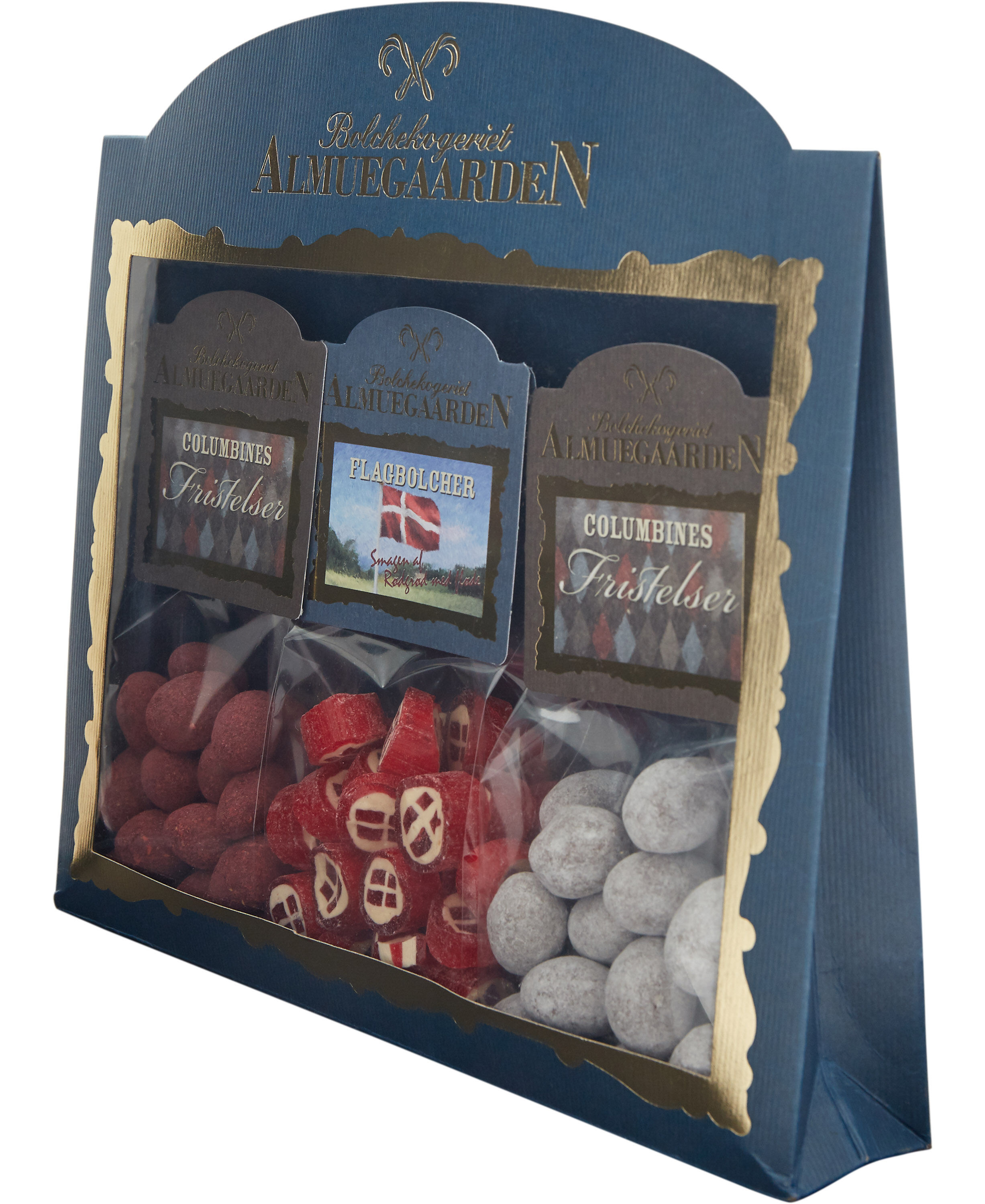 Tillykke-Gave&aelig;ske med danske flag bolcher og choko-mandler