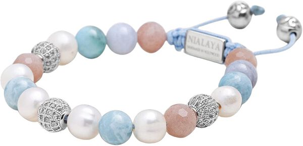 Women's Beaded Bracelet with Larimar, Pearl, Blue Lace Agate