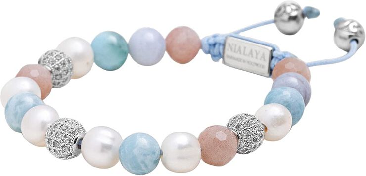 Women's Beaded Bracelet with Larimar, Pearl, Blue Lace Agate