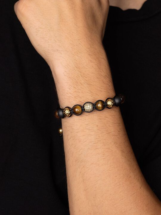 Men's Beaded Bracelet with Gold, CZ Diamond, Matte Onyx, and Brown Tig