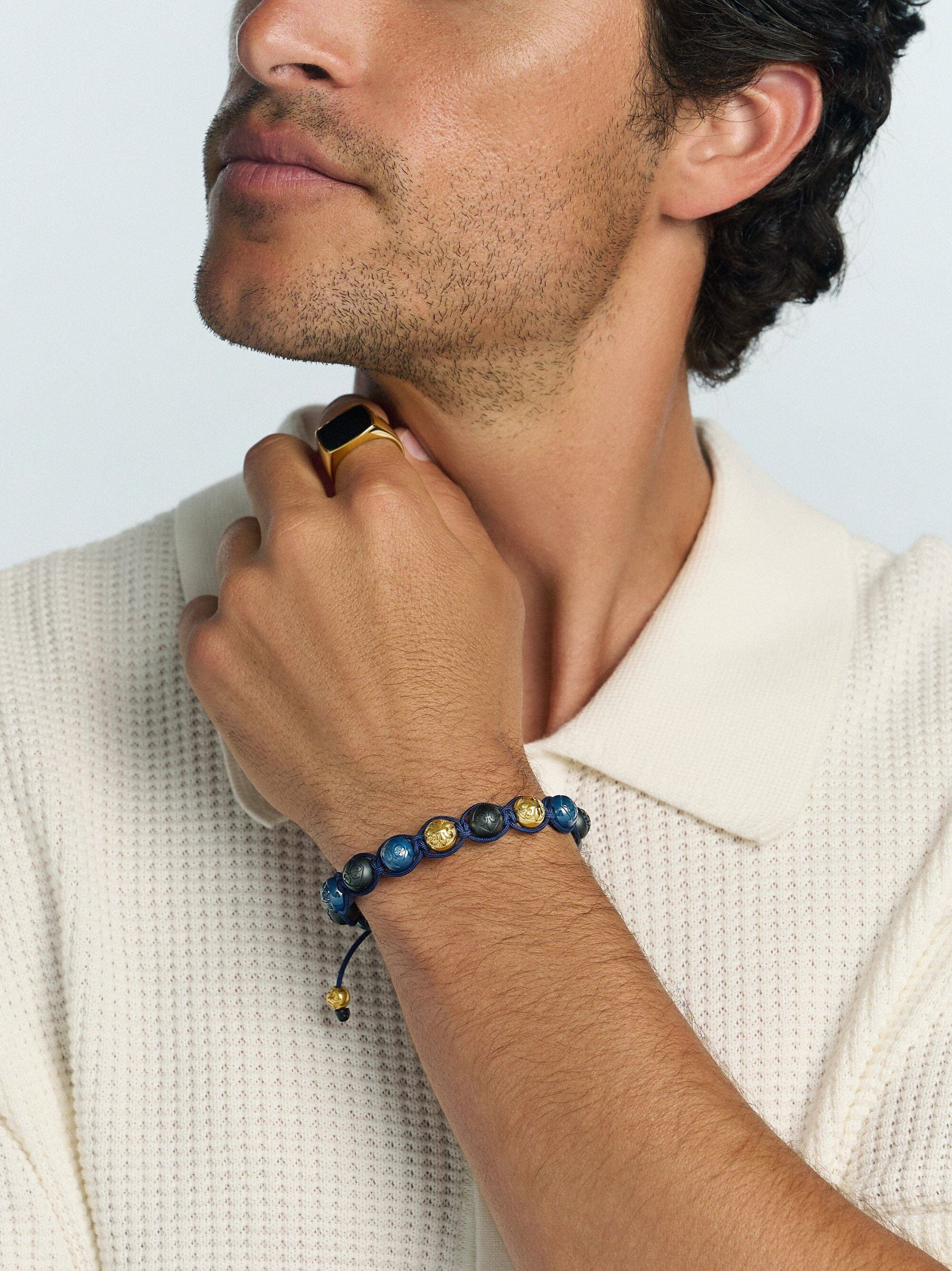 Men's Beaded Bracelet with Matte Black, Glossy Blue Ceramic & Gold Bea