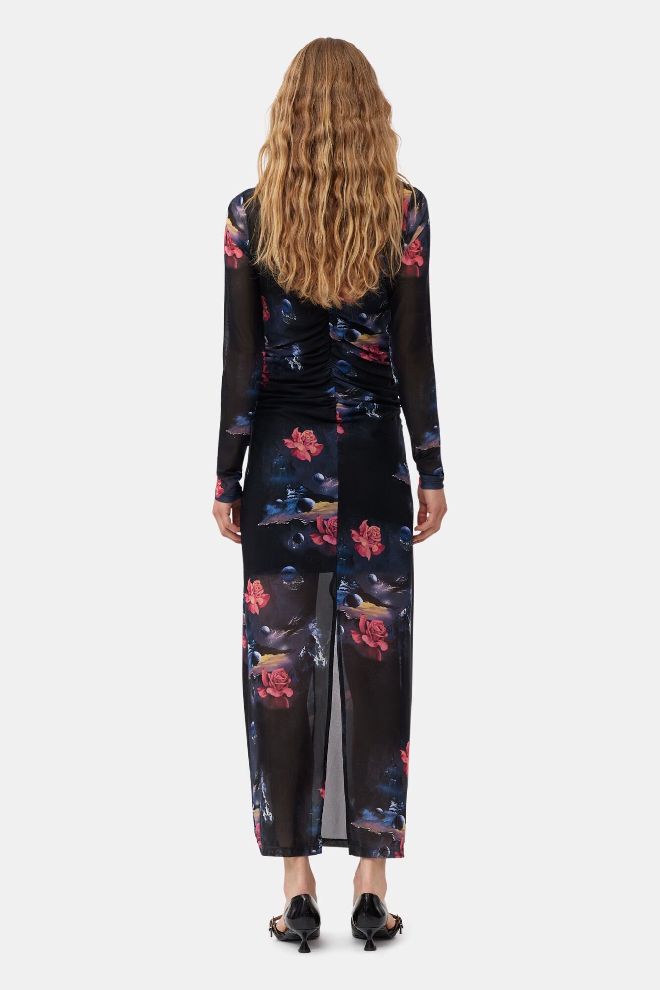 Printed Mesh O-neck Ruched Long Dre