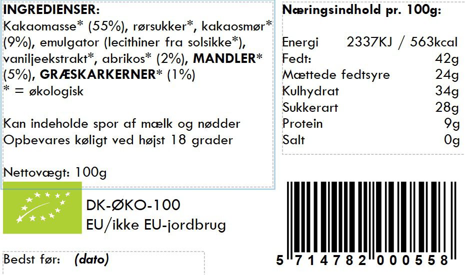 100gr Plade - Ecuador 70% m&oslash;rk chokolade / abrikos / mandler / gr&aelig;skar