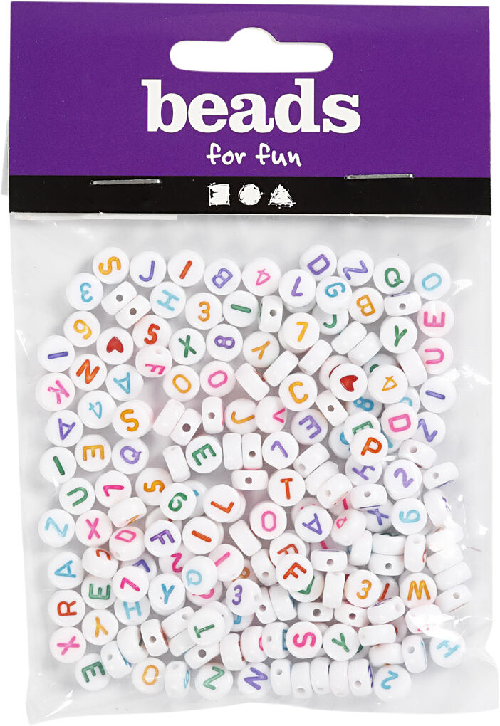 Bogstavperler, str. 7 mm, hulstr. 1,2 mm.