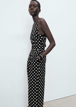 Linen jumpsuit with polka-dot belt
