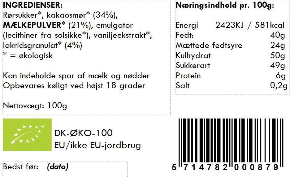 100gr Plade - Hvid chokolade / lakrids granulat