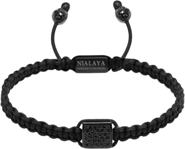 Men'S Black String Bracelet With Black Cz Flatbead