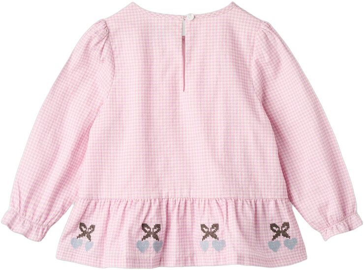 HOUNDSTOOTH BLOUSE W. EMB. AT BOTTOM HEM
