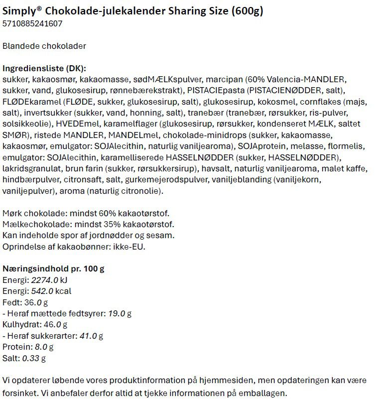 Simply&reg; Chokolade-julekalender Sharing Size (600g)