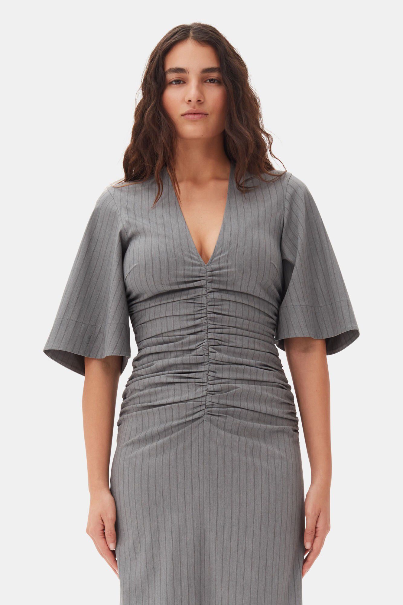 Stripe Suiting V-neck Fitted Dress