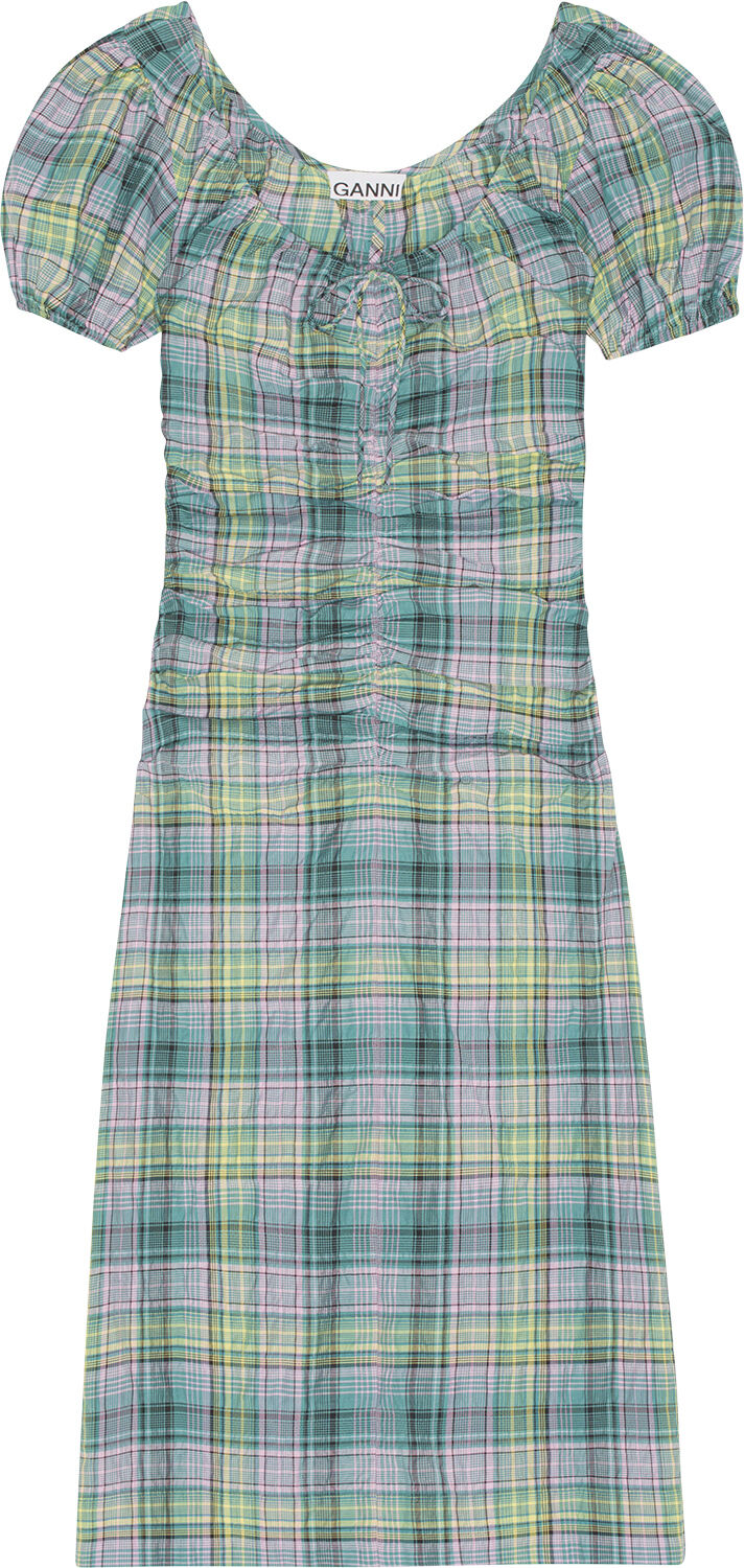 Seersucker Check Gathered U-neck Midikjole