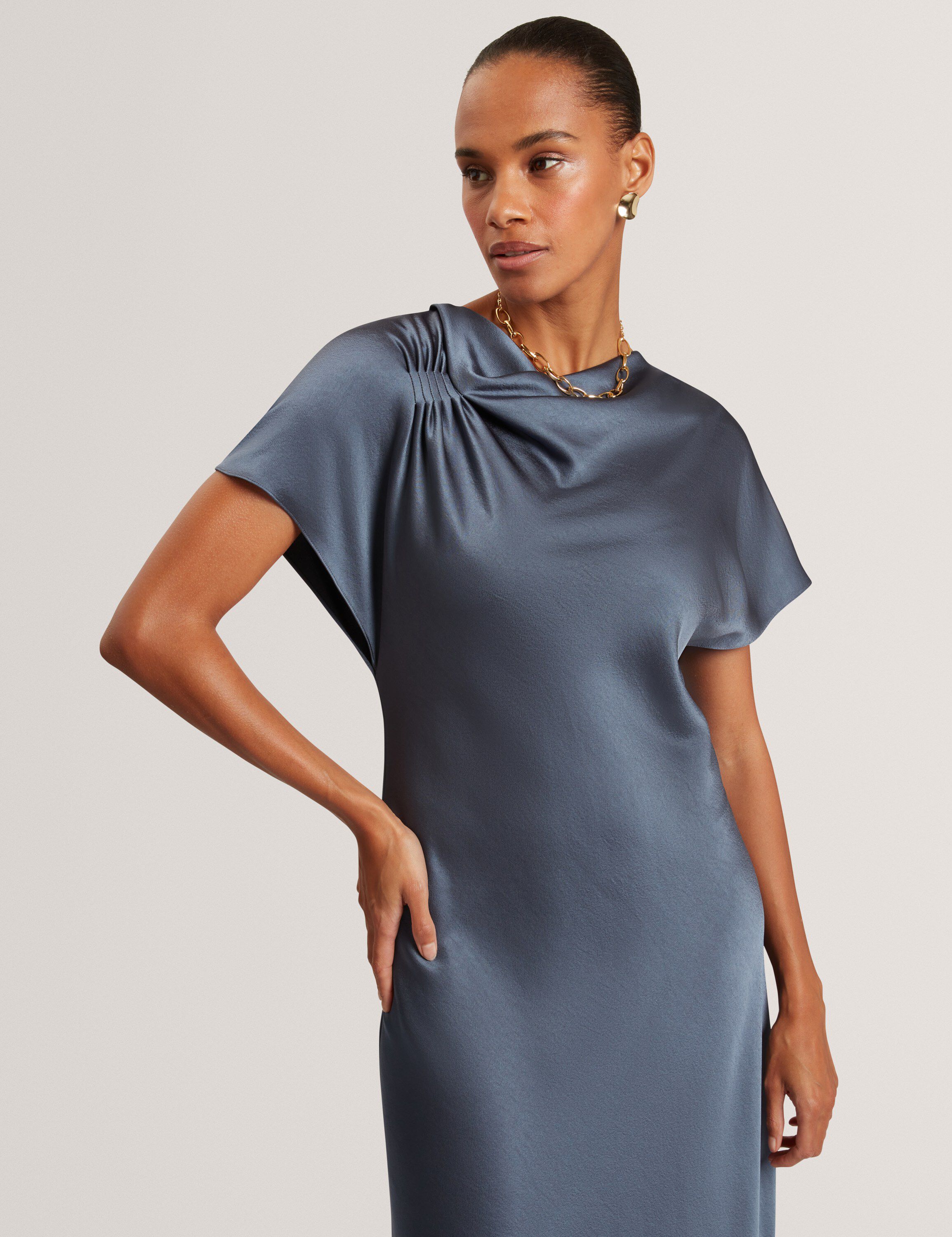 DASCHA Draped Neck Bias Midi Dress