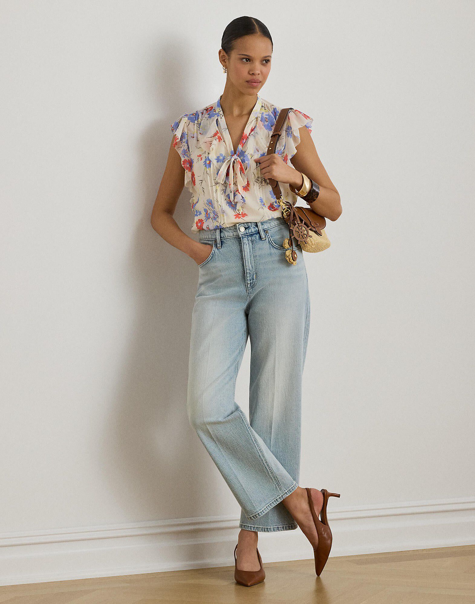 Floral Pintucked Tie-Neck Blouse