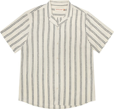 Short sleeved shirt with a cuban collar in a striped linen
