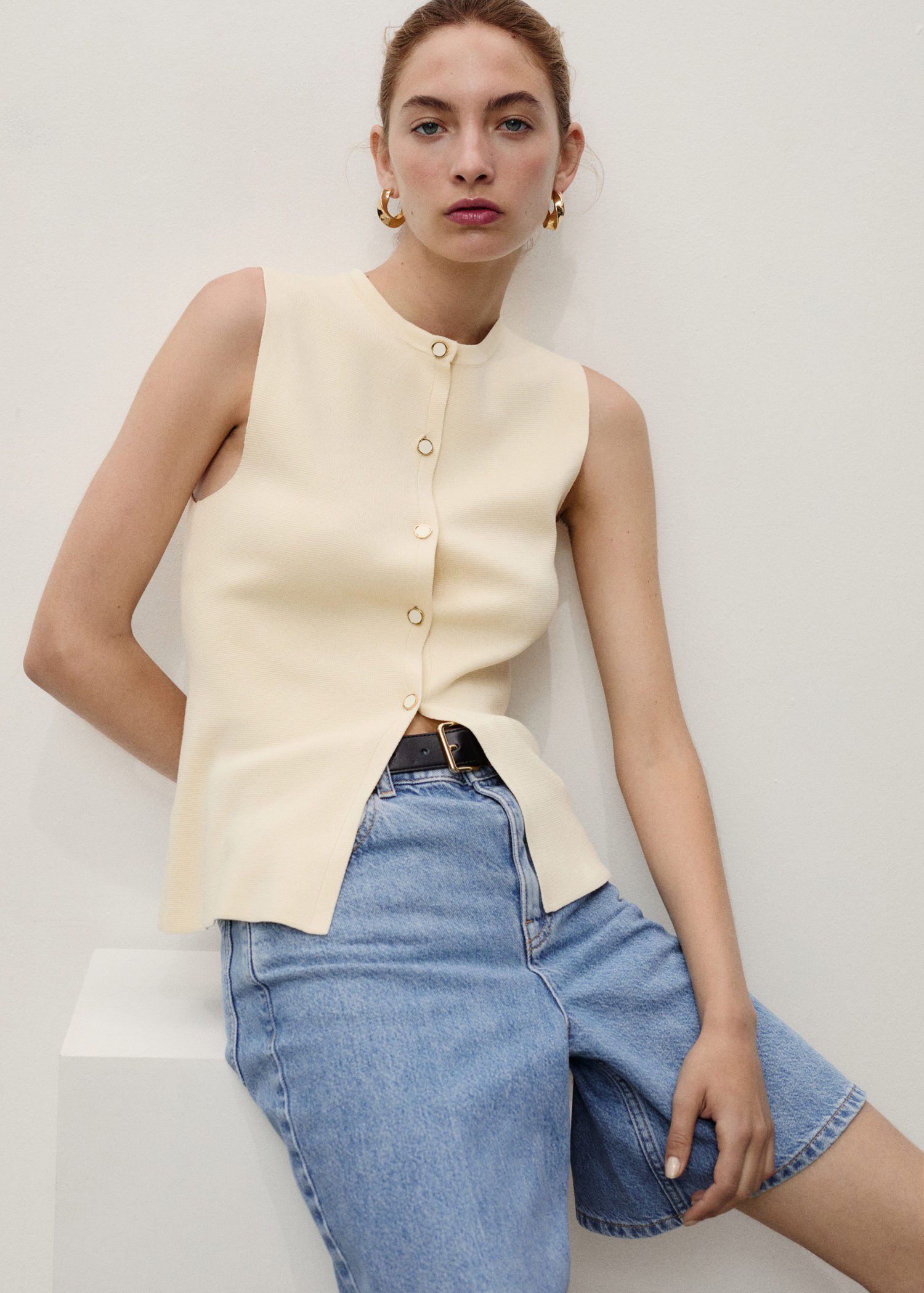 High-waist straight denim shorts