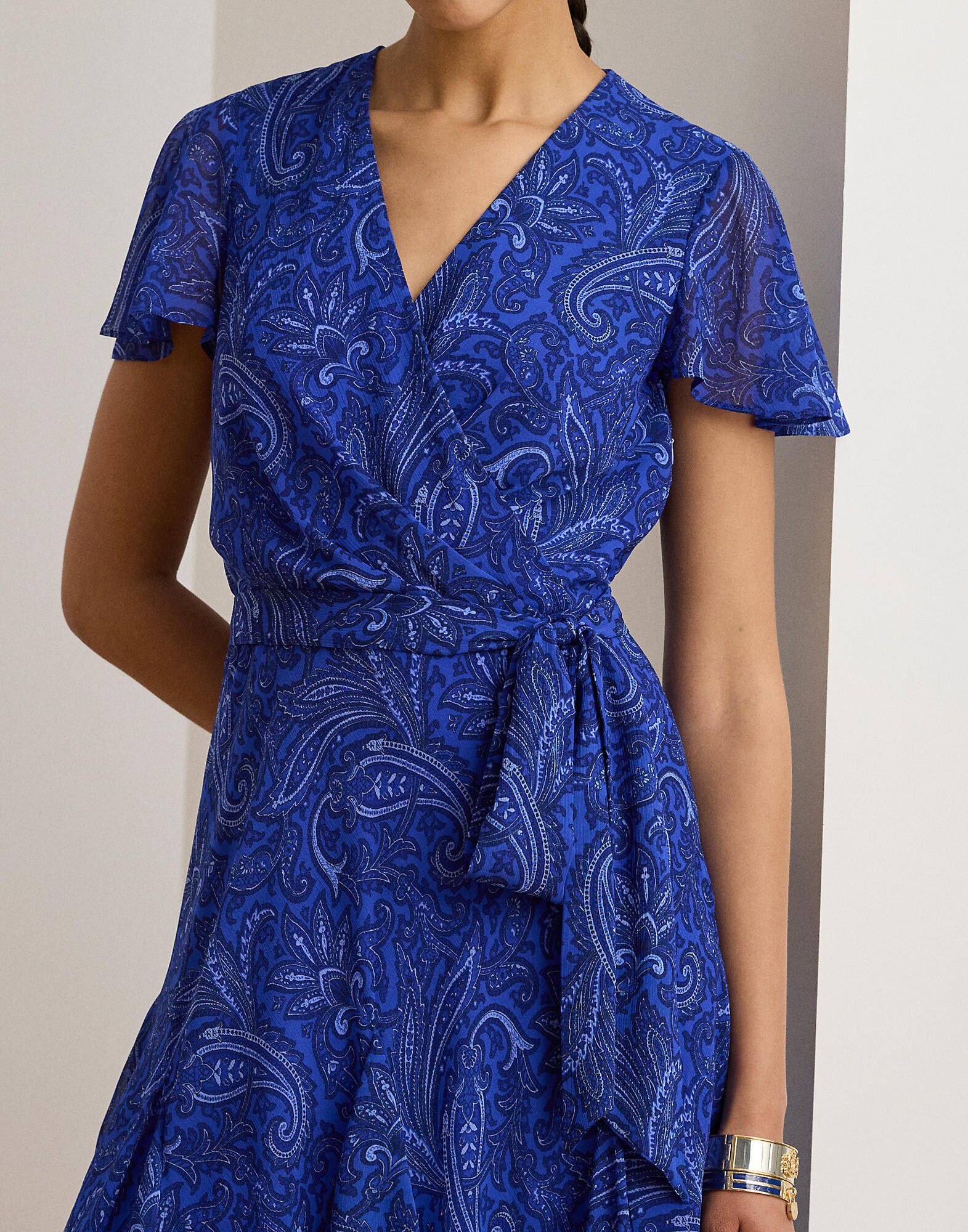Paisley Crinkle Georgette Surplice Dress