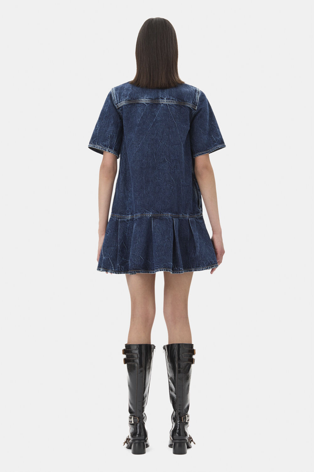 ワンピース Ganni Crinkled Future Denim Mini Dress Mid Blue Stone Crinkled Future Denim Mini Dress | GANNI