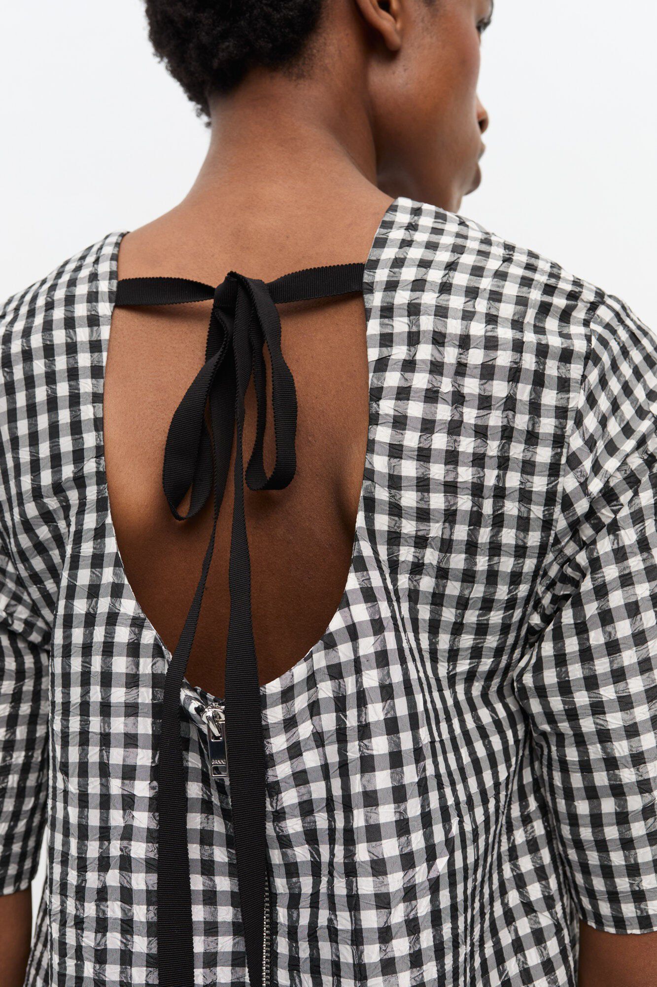 Crinkled Taffeta Check Open Back Mi