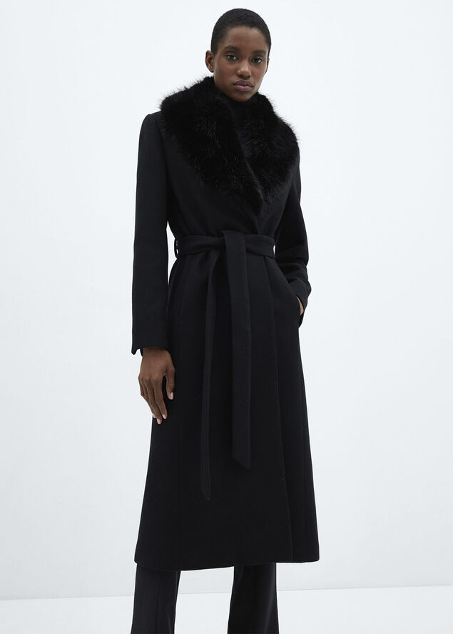 Detachable wool coat with fur-effec