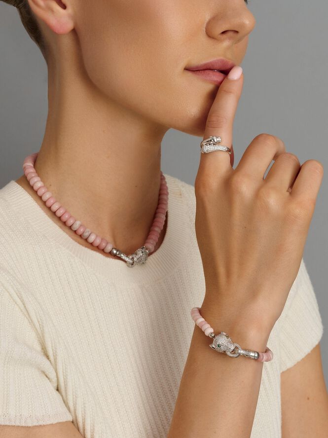 Pink Opal Bracelet with Panther Head