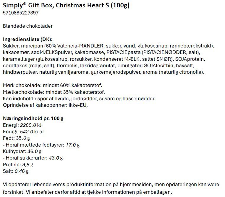 Simply&reg; JULEHJERTE&AElig;SKE S chokolade&aelig;ske (100g)