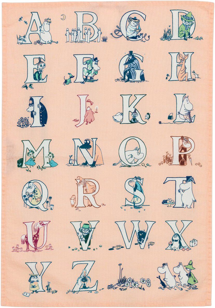 Moomin k&oslash;kkenh&aring;ndkl&aelig;de s&aelig;t 50x70 Alfabet GOTS
