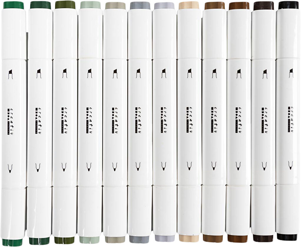 Tegnetusch, streg 1+8 mm, Naturfarver, 12stk.