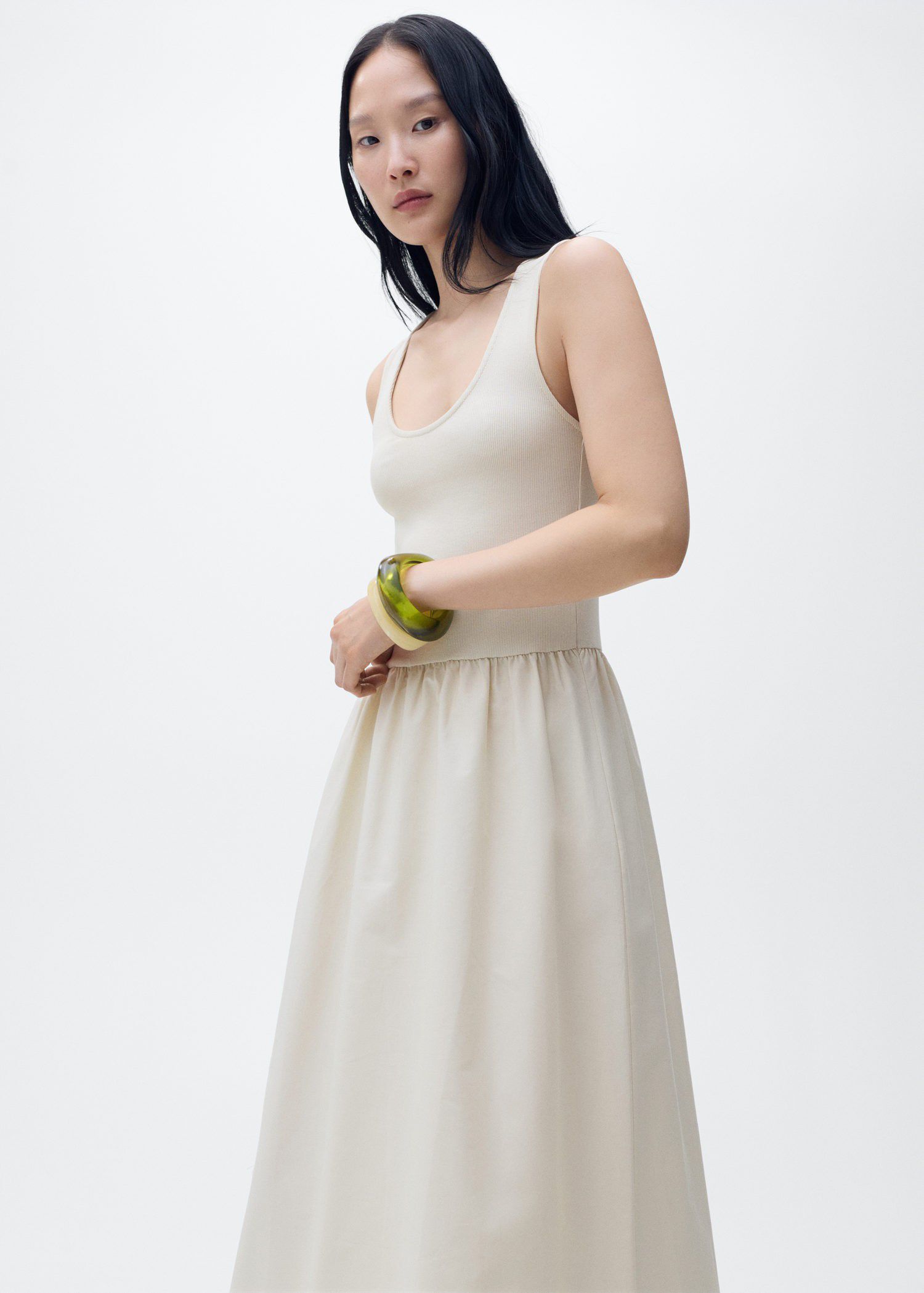 Flared dress in combined fabric