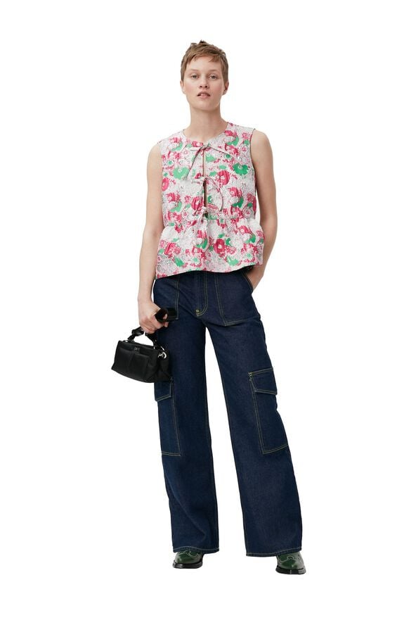 3D Jacquard Sleeveless Ribbon Blous